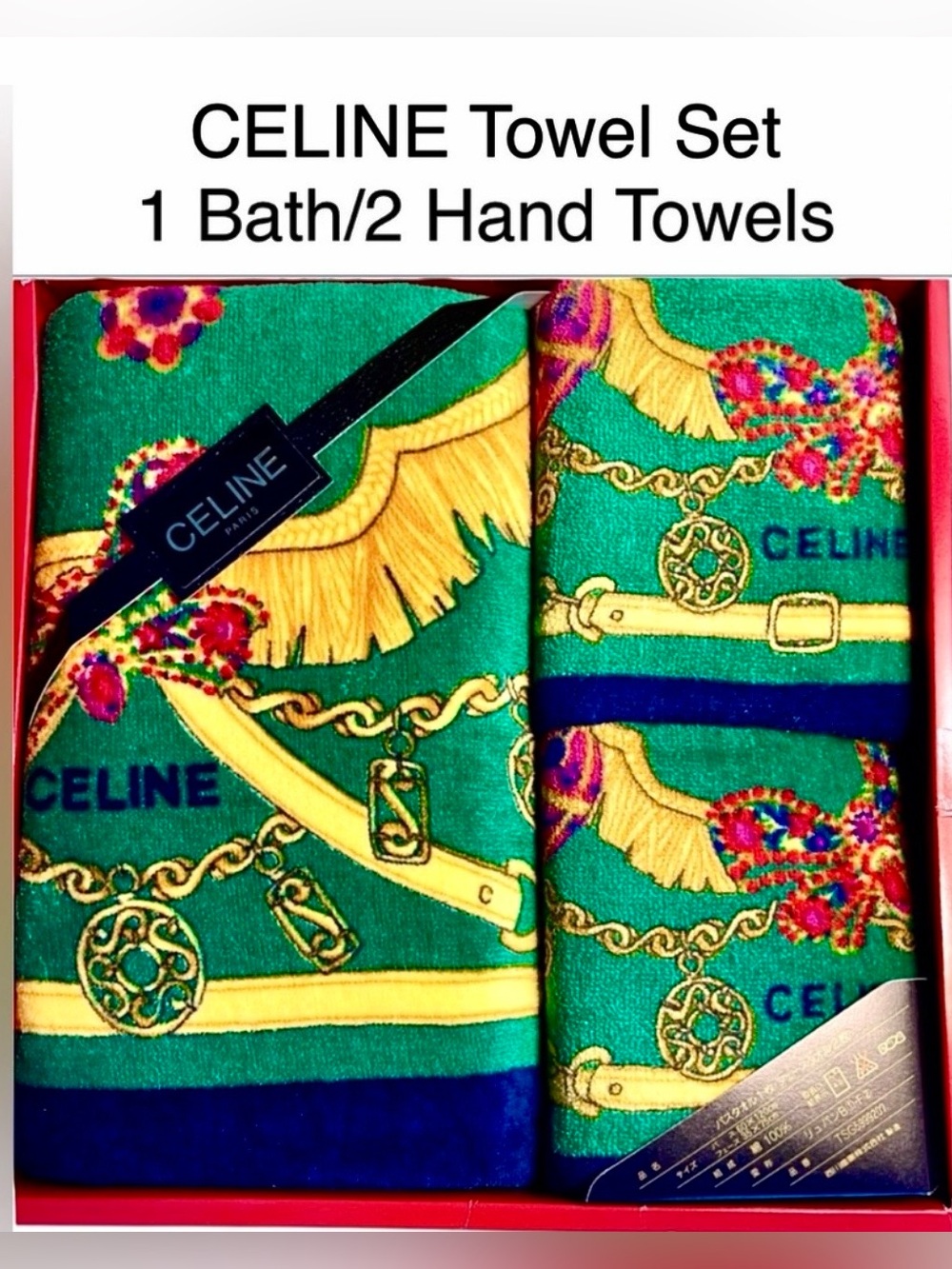Celine NIB 3Pc Towel Set 2 Large Hand Towels & Bath Towel Velvet/Cotton Vibrant